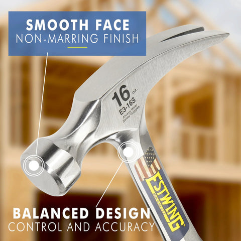 16 Oz USA Made Straight Rip Claw Hammer With Smooth Face And Shock Reduction Grip for Framing Carpentry And Serious DIY Projects