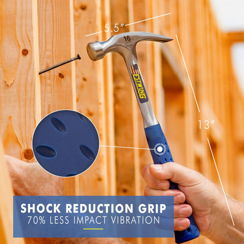 Person using 16 Oz USA Made Straight Rip Claw Hammer With Smooth Face And Shock Reduction Grip for nailing in carpentry