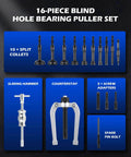 16-piece blind hole bearing puller set with sliding hammer, counterstay, 10 split collets, 3 screw adapters, spare pin bolt