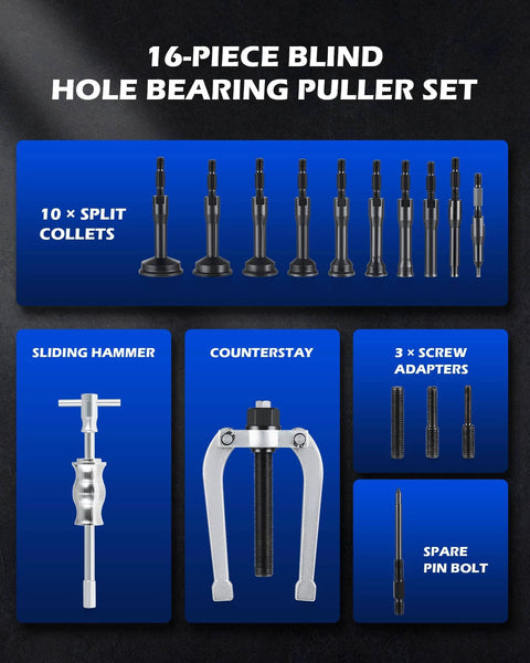 16-piece blind hole bearing puller set with sliding hammer, counterstay, 10 split collets, 3 screw adapters, spare pin bolt