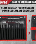 16 Piece Punch And Chisel Set with Taper Punches Cold Chisels Pin Punches and Center Punch in Cr V Steel in Cloth Bag