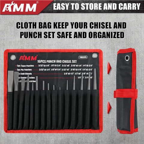 16 Piece Punch And Chisel Set with Taper Punches Cold Chisels Pin Punches and Center Punch in Cr V Steel in Cloth Bag