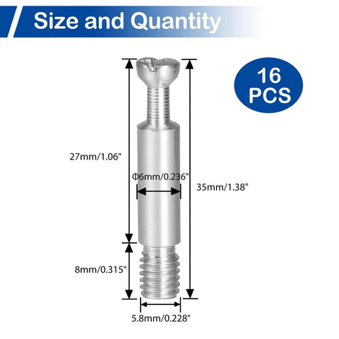 Diagram showing 16Pcs 35mm Galvanized Iron Connecting Fittings M6 Dowels Screws dimensions for cabinet drawer dresser wardrobe panels.