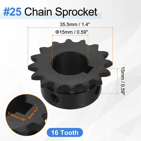 Rugged No 25 Roller Chain Sprocket For ISO 04C Chain, 16 Teeth, 15mm Bore, C45 Carbon Steel, Black Oxide Finish, by Uxcell