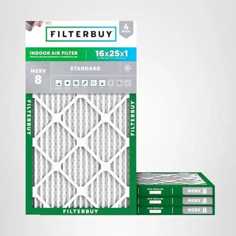 16x25x1 Air Filter MERV 8 Essential Dust Allergy Defense 4 Pack Electrostatic Pleated HVAC AC Furnace Filters