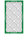 Front view of 16x25x1 Air Filter MERV 8 Pleated Electrostatic Replacement 6 Pack for HVAC systems with green frame, USA made.