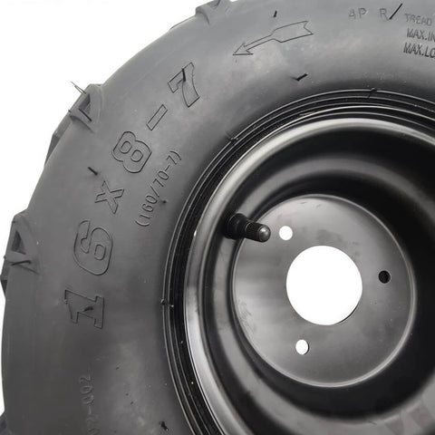 Close-up of 16×8-7 left tire with rim for 50-125cc ATV Go-Kart, showing tread and bolt holes.