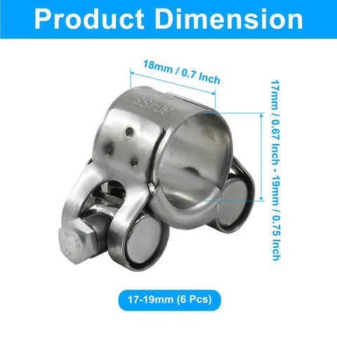 6 Pcs T Bolt Hose Clamp Set 17 To 19 Mm 304 Stainless Steel Adjustable Tube Clamps shown with dimensions for industrial use