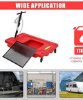 18 Gallon Low Profile Oil Drain Pan With Electric Pump Kit for trucks and RVs, shown with hose and mesh cover in red.