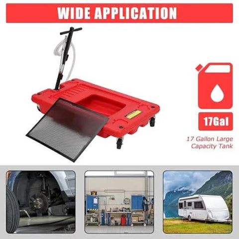 18 Gallon Low Profile Oil Drain Pan With Electric Pump Kit for trucks and RVs, shown with hose and mesh cover in red.