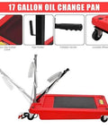 17 Gallon Oil Change Pan with foldable handle and lockable wheels showing non-slip rubber cover, pipe holder.