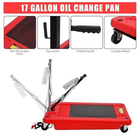 17 Gallon Oil Change Pan with foldable handle and lockable wheels showing non-slip rubber cover, pipe holder.
