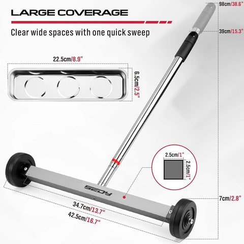 Effortless floor cleanup with a 17 inch heavy-duty magnet sweeper that lifts nails, screws, and ferrous debris; telescoping handle