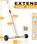 Effortlessly lifts ferrous metal debris with a 17 inch heavy duty magnetic sweeper, 8.8 lb load, adjustable handle, 3 inch wheels