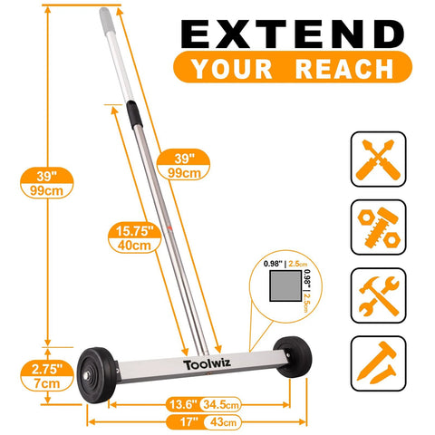 Effortlessly lifts ferrous metal debris with a 17 inch heavy duty magnetic sweeper, 8.8 lb load, adjustable handle, 3 inch wheels
