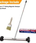 Effortlessly lifts ferrous metal debris with a 17 inch heavy duty magnetic sweeper, 8.8 lb load, adjustable handle, 3 inch wheels