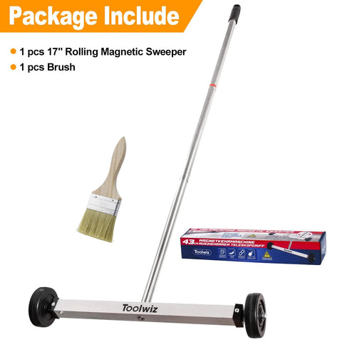 Effortlessly lifts ferrous metal debris with a 17 inch heavy duty magnetic sweeper, 8.8 lb load, adjustable handle, 3 inch wheels