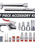 Three Eighth Inch PVC Air Hose Kit 25 Foot With Seventeen Piece Accessory Set Featuring Solid Brass Ends And Dual One Quarter MNPT Connectors For DIY Home Shop Use Providing Flexible Durable Air Supply For Compressors And Tools