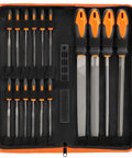 Premium 17-piece file set in a rugged carry case with four 8 inch engineer files and twelve 4.2 inch needle files displayed in case.