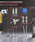 17-Piece Heavy Duty Grease Gun Kit: 14oz Grease Tube Flexible Hose Bearing Grease Pump 8000 PSI Pistol Grip Grease Guns Tool Marine Durable Connectors Adapters Extension Tubes Nozzle Easy Operation components displayed, including grease gun, couplers, hoses, and grease tube.