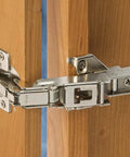 ✝️ 1-Pack Wide Angled Hinge 170 Degree, FACE Frame Application, Full Overlay with 0mm Face Frame Plate shown on wooden cabinet.