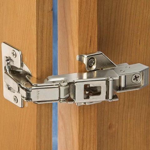 ✝️ 1-Pack Wide Angled Hinge 170 Degree, FACE Frame Application, Full Overlay with 0mm Face Frame Plate shown on wooden cabinet.