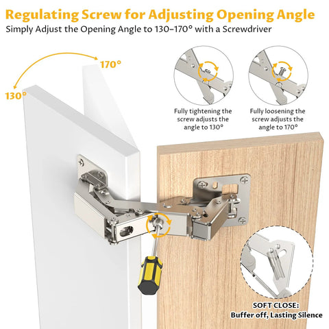 Chibery 4-pack 170-degree soft-close concealed cabinet hinges; frameless, surface-mount, self-closing.