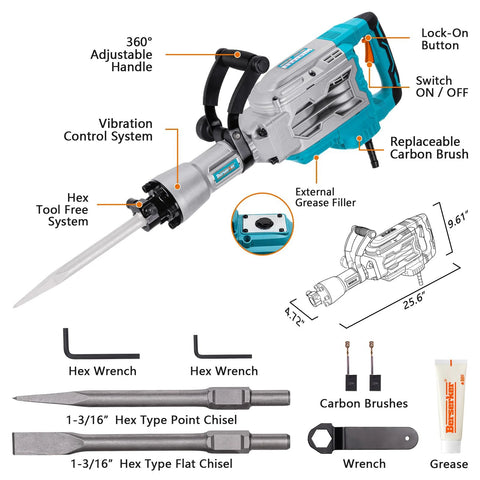 Powerful 1700W Corded Demolition Jack Hammer With 31 Pound Weight Delivers 1900 BPM And 55 Joules For Aggressive Concrete Pavement Brick And Tile Breaking Includes Carrying Case Flat Chisel And Bull Point Chisels For Construction And Renovation Projects
