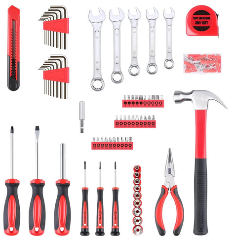 175 Piece All Purpose Tool Kit In Durable Toolbox Case For Home Auto Garage Travel Emergency DIY Projects And Everyday Repairs Perfect Housewarming Gift For DIYers, showing various tools like screwdrivers, wrenches, and pliers.
