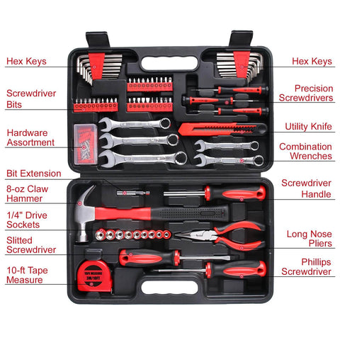 175 Piece All Purpose Tool Kit In Durable Toolbox Case with wrenches, screwdrivers, hammer, pliers, tape measure
