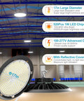 Power Through Your Warehouse With 420W LED High Bay UFO Lights Delivering 63000lm, AC100-277V 5000K Daylight, Ideal For 30 To 60 Ft High Ceilings, Energy Saving Shop Lights, 5 Pack By Lightdot. Image shows LED high bay light with 17in diameter and specifications.