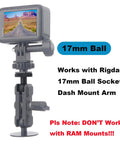 Durable All Aluminum 17mm Ball Mount Adapter With 1/4 Inch Screw, shown on dashboard with GPS screen, compatible with Garmin