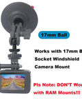 Durable All Aluminum 17mm Ball Mount Adapter With 1/4 Inch Screw for camera mount, shown with suction cup and camera display