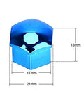 Close-up of a 17mm blue plastic wheel nut cap with measurements, part of 17mm 20 Piece Wheel Nut Cap Set Anti Rust Protection Covers