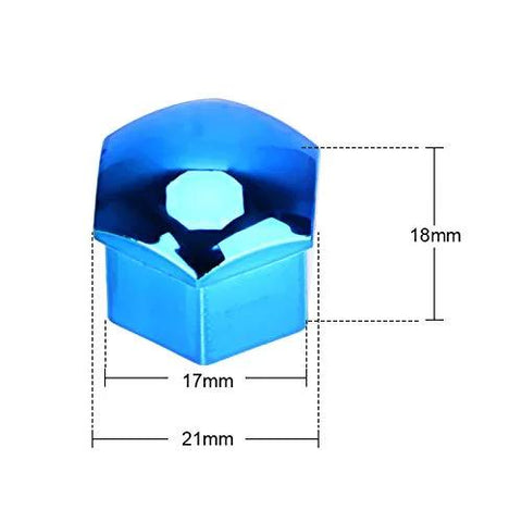 Close-up of a 17mm blue plastic wheel nut cap with measurements, part of 17mm 20 Piece Wheel Nut Cap Set Anti Rust Protection Covers