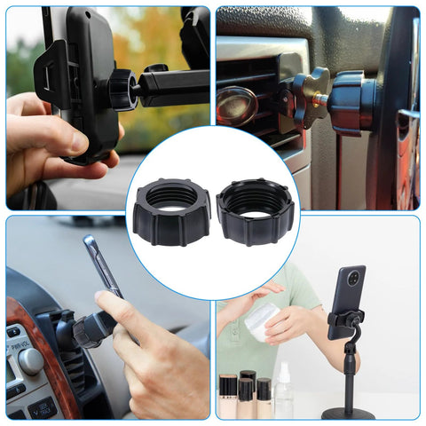 Four Pack 17mm Tightening Nuts For Car Phone Mounts Replacement Parts in use; black ABS nuts securing phone holders and mount setups
