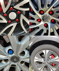17mm 20 Piece Wheel Nut Cap Set Anti Rust Protection Covers for Car Wheel Nuts and Hubs, close-up on installed red and blue caps on car wheels