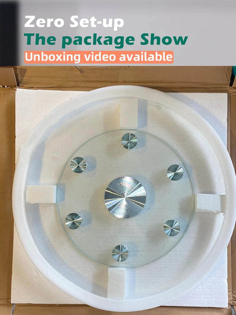 18.9 inch tempered glass lazy susan rotating serving tray packaged in protective foam, showcasing its structure and design.