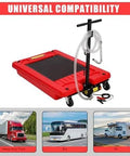 18 Gallon Low Profile Oil Drain Pan With Electric Pump Kit on wheels, shown with hose and pump, suitable for trucks, buses, and RVs.