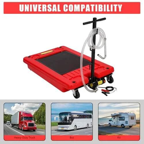 18 Gallon Low Profile Oil Drain Pan With Electric Pump Kit on wheels, shown with hose and pump, suitable for trucks, buses, and RVs.