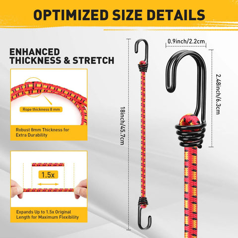 18 Inch Elastic Bungee Cords With Hooks 10 Pack Heavy Duty Outdoor Indoor Bungee Cord Bundle With Metal Hooks Size Details
