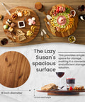 18 Inch Acacia Wood Lazy Susan For Tabletop And Countertop Use displaying charcuterie and cheese on a wooden dining table.