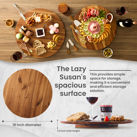 18 Inch Acacia Wood Lazy Susan For Tabletop And Countertop Use displaying charcuterie and cheese on a wooden dining table.