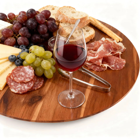 Charcuterie spread on 18 Inch Acacia Wood Turntable Organizer Lazy Susan For Tabletop Cabinet Or Pantry Wooden Rotating Tray For Kitchen Countertop Durable Easy To Clean No Assembly Needed With Non Slip Pads.