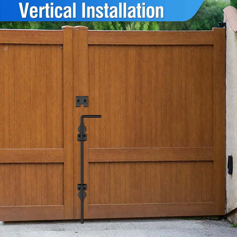 18 Inch Cane Bolt Drop Rod For Gates And Fences installed on wood gate, heavy duty gate latch, black coating, shown in vertical installation