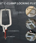 Heavy Duty 18 Inch C Clamp Locking Pliers With Swivel Pads For Welding And Woodworking 2 Piece Set in use, showing clamps on wood and metal.