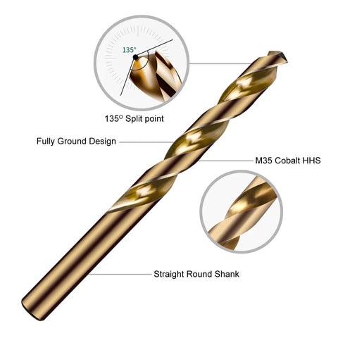 1/8 Inch Cobalt Drill Bits 13 Pack M35 Industrial Grade 2.55 Inch Length 135 Degree Split Point with highlighted features