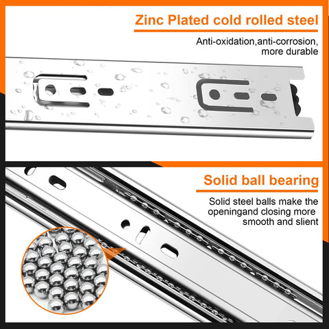 18 Inch Full Extension Drawer Slides 4 Pairs 8 Pieces Side Mount Cabinet Glides Silver 100 LB Capacity close-up of zinc plated steel