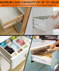 Collage of 18 Inch Full Extension Drawer Slides 4 Pairs 8 Pieces Side Mount Cabinet Glides in various cabinet drawers
