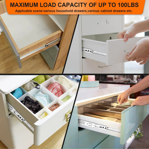 Collage of 18 Inch Full Extension Drawer Slides 4 Pairs 8 Pieces Side Mount Cabinet Glides in various cabinet drawers